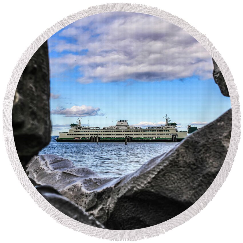 Sea Round Beach Towel featuring the photograph Statues looking at Edmonds Ferry by Anamar Pictures