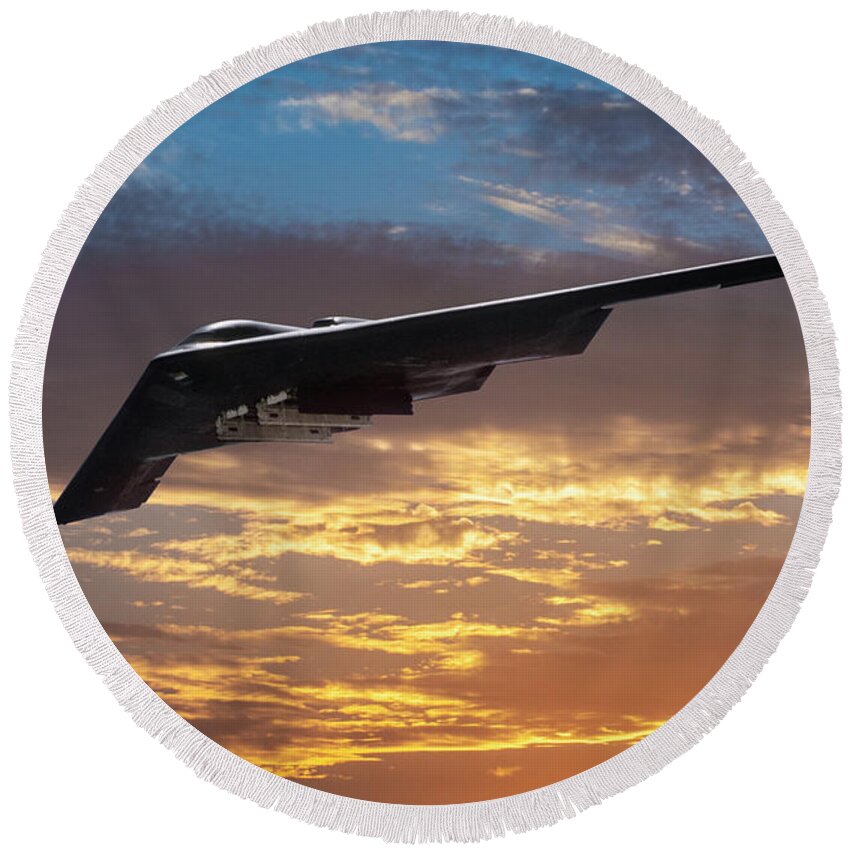U.s. Air Force B-2 Stealth Bomber Round Beach Towel featuring the mixed media Stealth Bomber in Sunset by Erik Simonsen