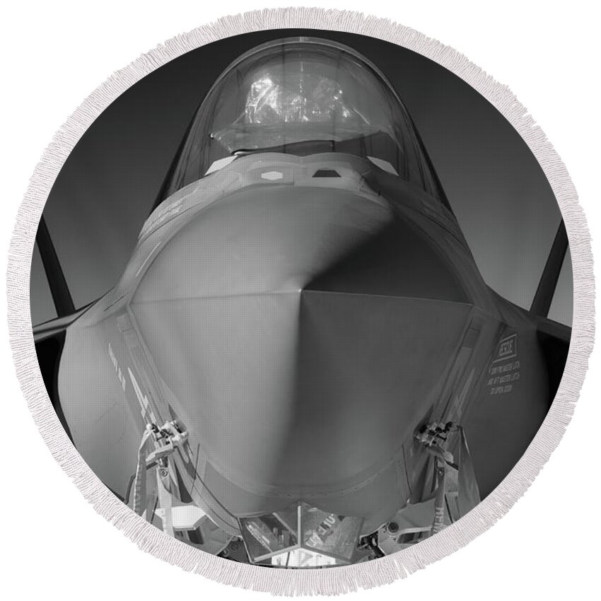 F35 Round Beach Towel featuring the photograph Stealthy Black and White by Chris Buff