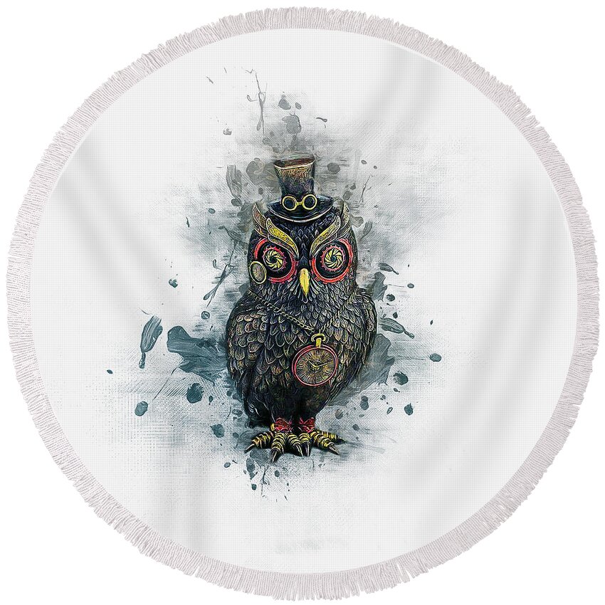 Owl Round Beach Towel featuring the digital art Steampunk Owl by Ian Mitchell