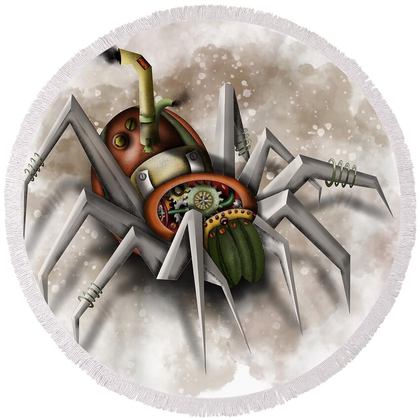 Steampunk Round Beach Towel featuring the painting Steampunk Spider by Patricia Piotrak