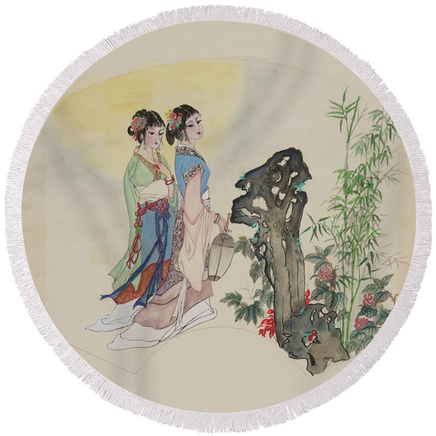 Chinese Watercolor Round Beach Towel featuring the painting Ladies in the Garden by Jenny Sanders