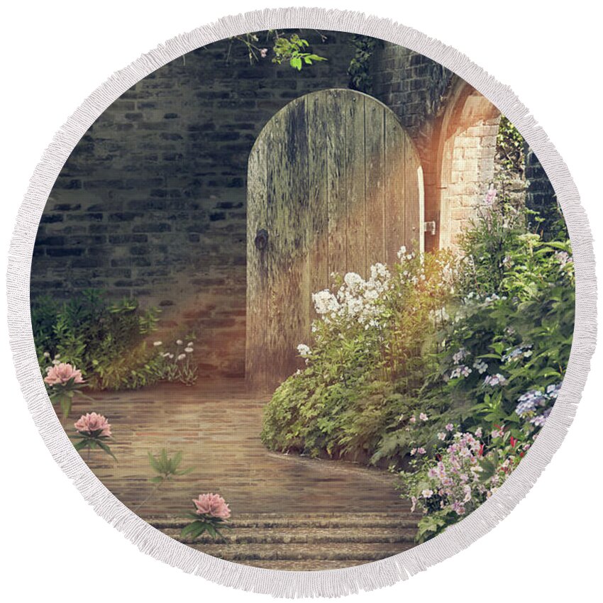 Beautiful Round Beach Towel featuring the photograph Steps Leading Though Old Floral Cottage Garden With Sunlight Old Door  by Ethiriel Photography