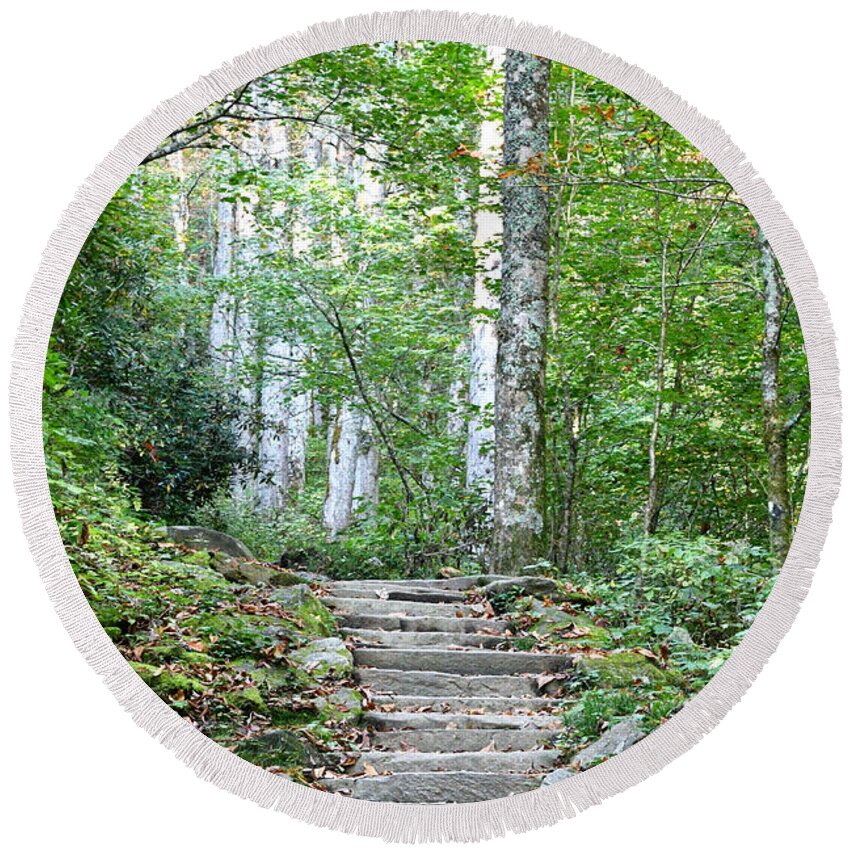 Tennessee Round Beach Towel featuring the photograph Steps Up Into The Forest 1 by Phil Perkins