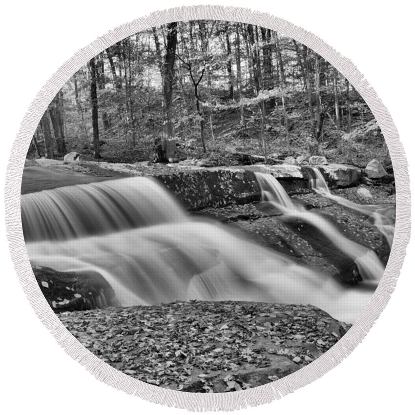 Stickney Brook Falls Round Beach Towel featuring the photograph Stickeny Brook Falls Cascades Black And White by Adam Jewell
