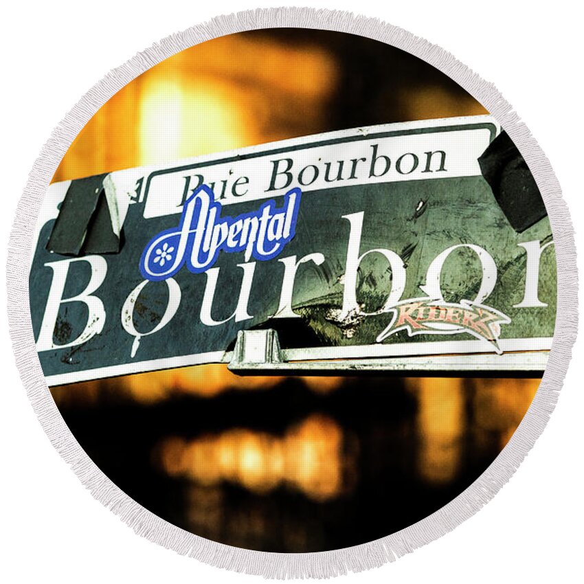 Photo Round Beach Towel featuring the photograph Stickers of Bourbon St by Jason Hughes