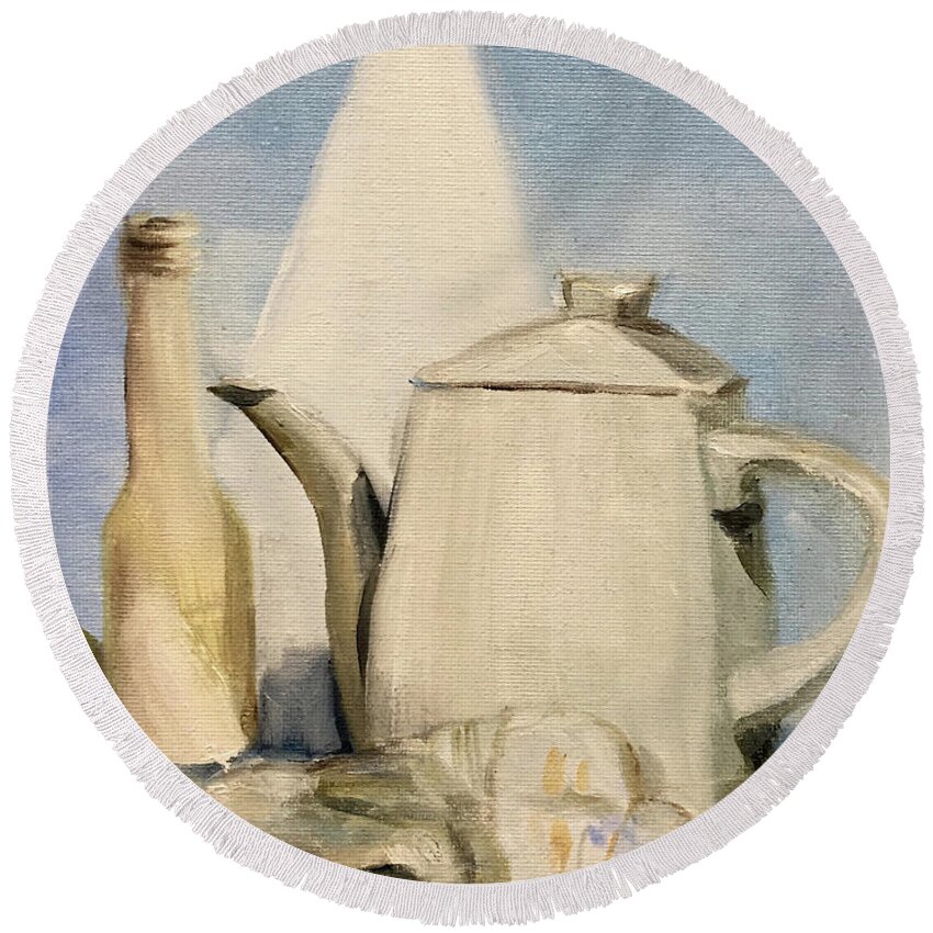 Still Life Round Beach Towel featuring the painting Still Life of Pottery in White by Greta Corens