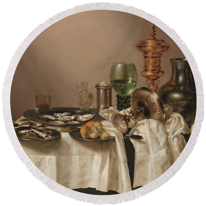Oil On Panel Round Beach Towel featuring the painting Still Life with a Gilt Cup. Still Life with a Broken Glass. by Willem Claesz Heda