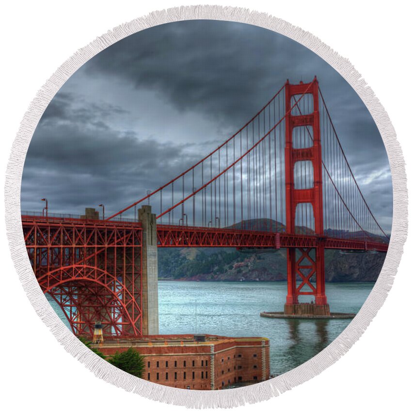 Landscape Round Beach Towel featuring the photograph Stormy Golden Gate Bridge by Harry B Brown