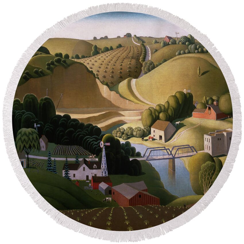 Grant Wood Round Beach Towel featuring the painting Stone City, 1930 by Grant Wood