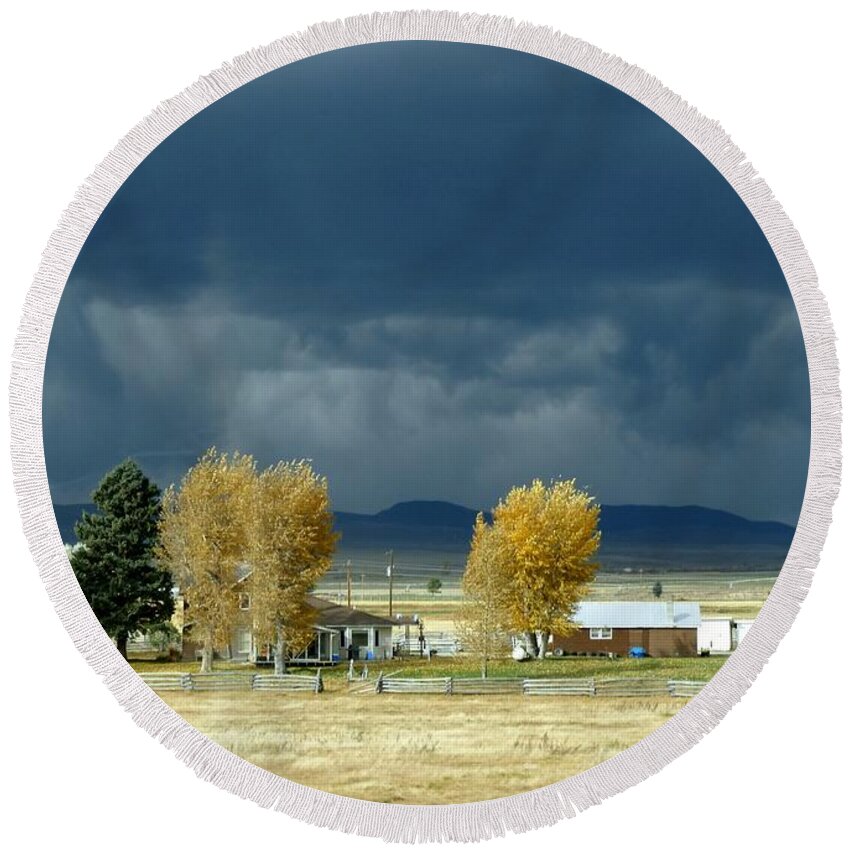 Dark Skies Round Beach Towel featuring the photograph Storm Brewing by Rosanne Licciardi