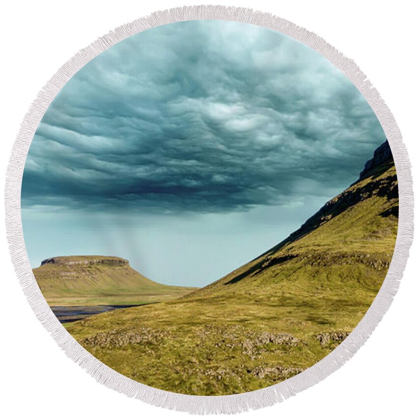 Iceland Round Beach Towel featuring the photograph Stormy Church Mountain by David Letts
