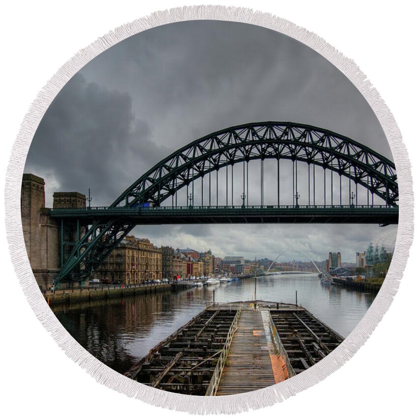 Low Level Bridge Round Beach Towel featuring the mixed media Stormy Newcastle by Smart Aviation
