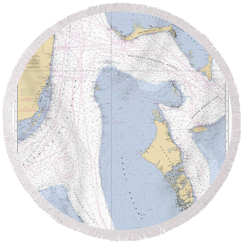 4149a Round Beach Towel featuring the digital art Straits of Florids, Eastern part NOAA chart 4149 edited. by Nautical Chartworks