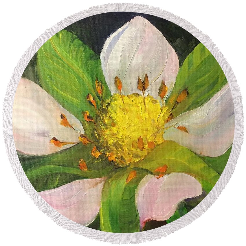 Strawberry Flower Round Beach Towel featuring the painting Strawberry Flower by Vonda Drees