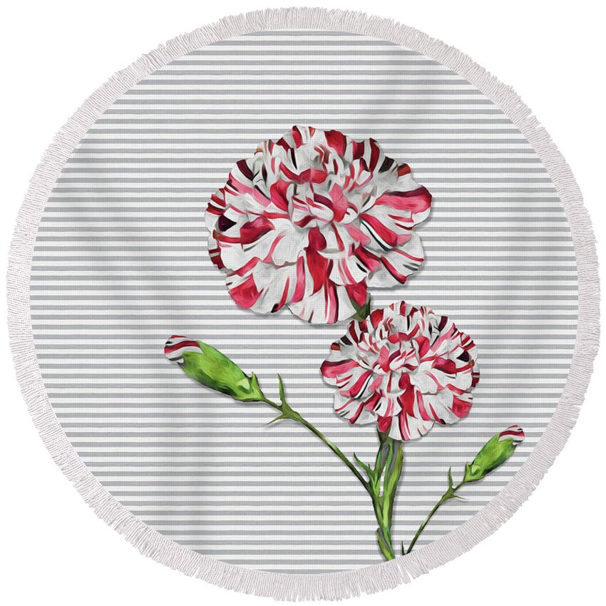 Carnations Round Beach Towel featuring the digital art Striped Carnations by Doreen Erhardt