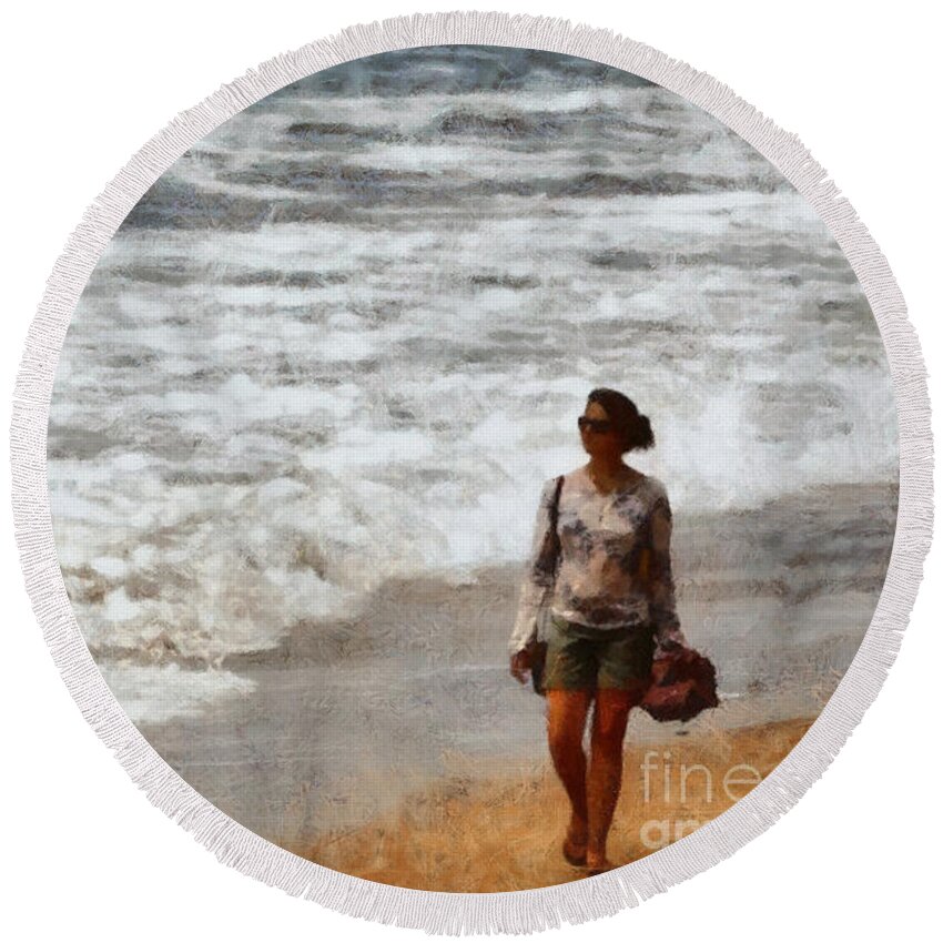 Beach Round Beach Towel featuring the digital art Stroll on the Beach by Humphrey Isselt