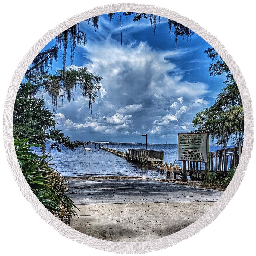 Clouds Round Beach Towel featuring the photograph Strolling by the Dock by Portia Olaughlin