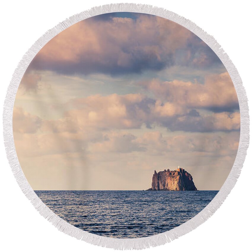 Aeolian Round Beach Towel featuring the photograph Strombolicchio Lighthouse Island by Alexey Stiop