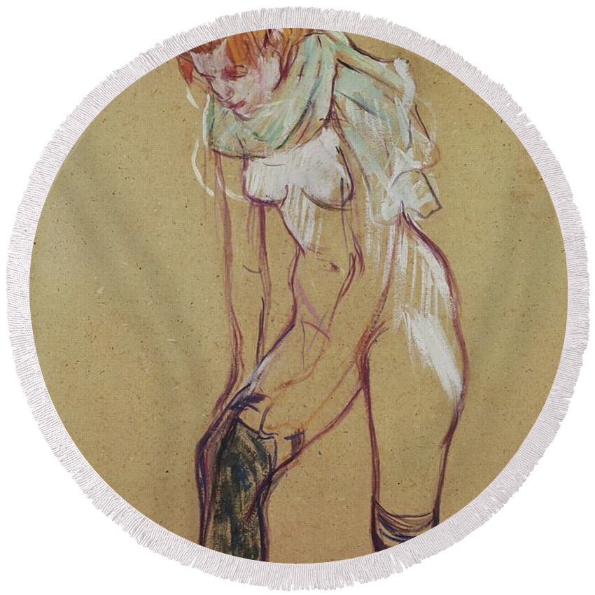 Henri De Toulouse-lautrec Round Beach Towel featuring the drawing Study for andquot, Woman putting on her stockingandquot,, 1894 Essence on board, 61,5 x 44,5 cm. by Henri de Toulouse Lautrec -1864-1901-