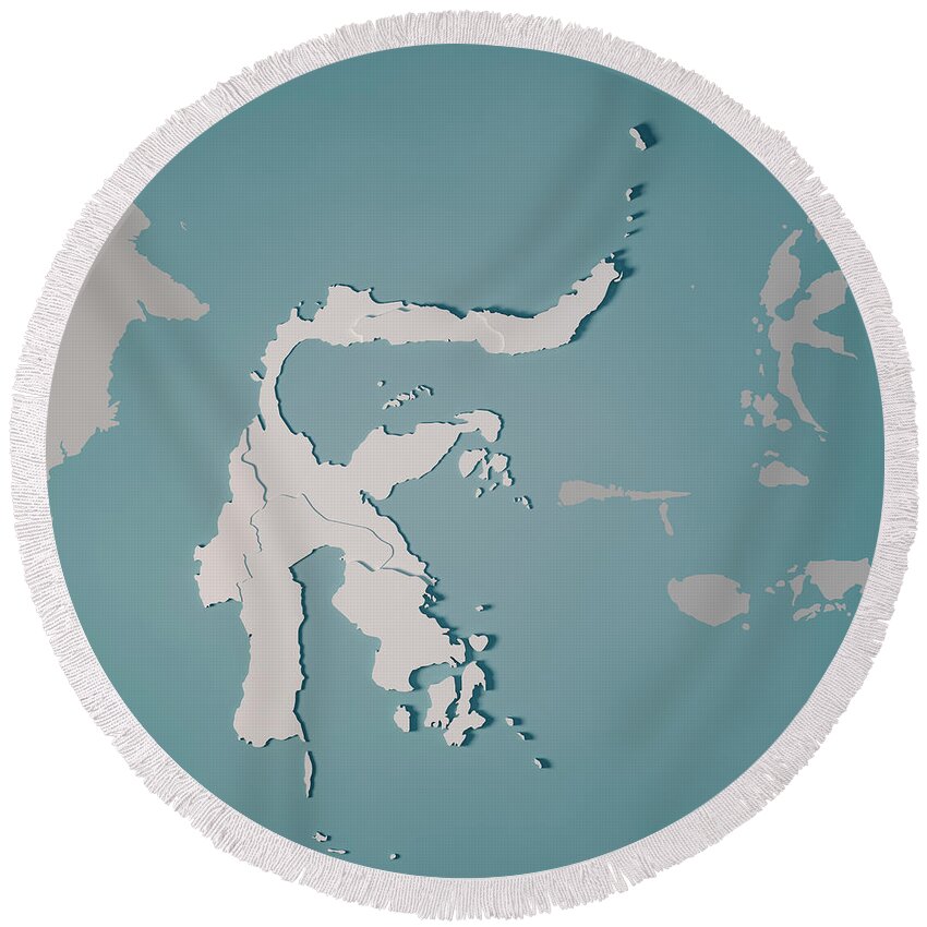 Sulawesi Round Beach Towel featuring the digital art Sulawesi Island Map Administrative Divisions 3D Render by Frank Ramspott