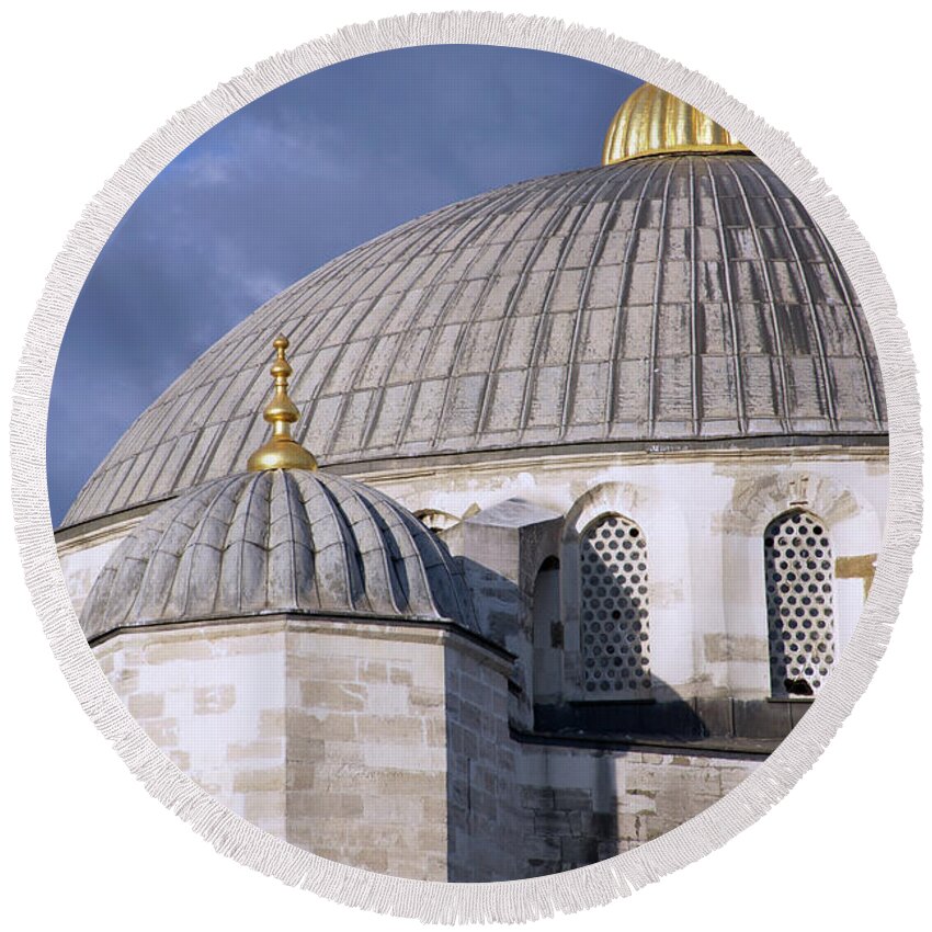 Dusk Round Beach Towel featuring the photograph Sultan Ahmet Camii - Blue Mosque glows in early evening light by Steve Estvanik