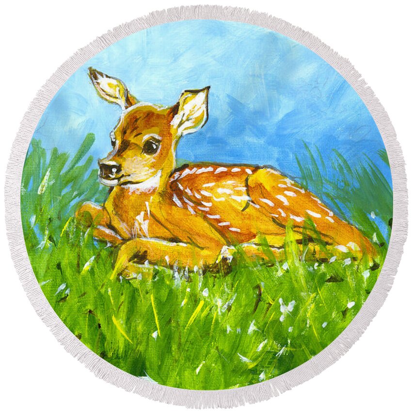 Fawn Round Beach Towel featuring the painting Summer Fawn Sketch by Richard De Wolfe
