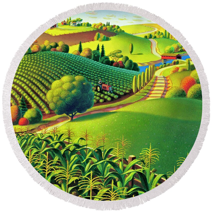 Farm Scene Round Beach Towel featuring the painting Summer Fields by Robin Moline