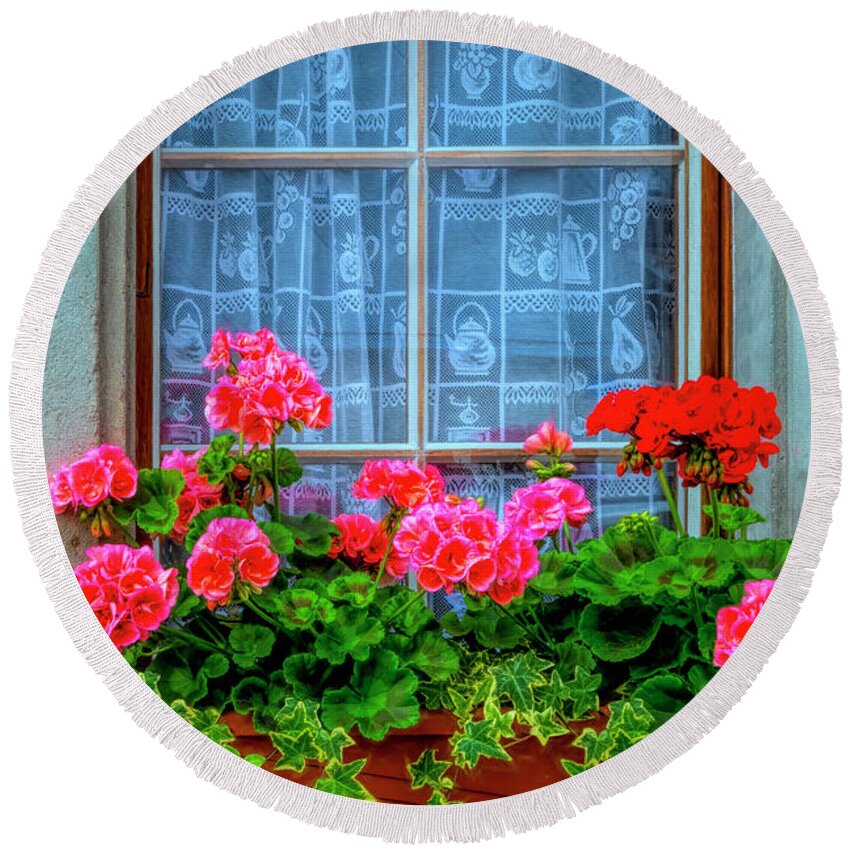 Barn Round Beach Towel featuring the photograph Summer Geraniums in the Window by Debra and Dave Vanderlaan