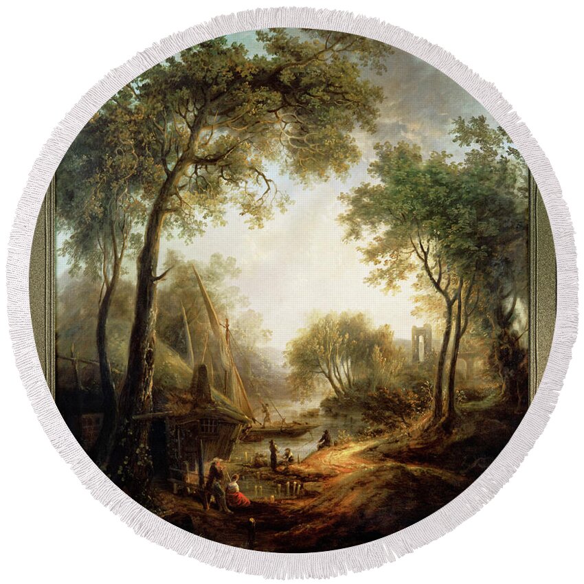 Summer Landscape Round Beach Towel featuring the painting Summer Landscape with Water and Tall Trees by Elias Martin by Rolando Burbon