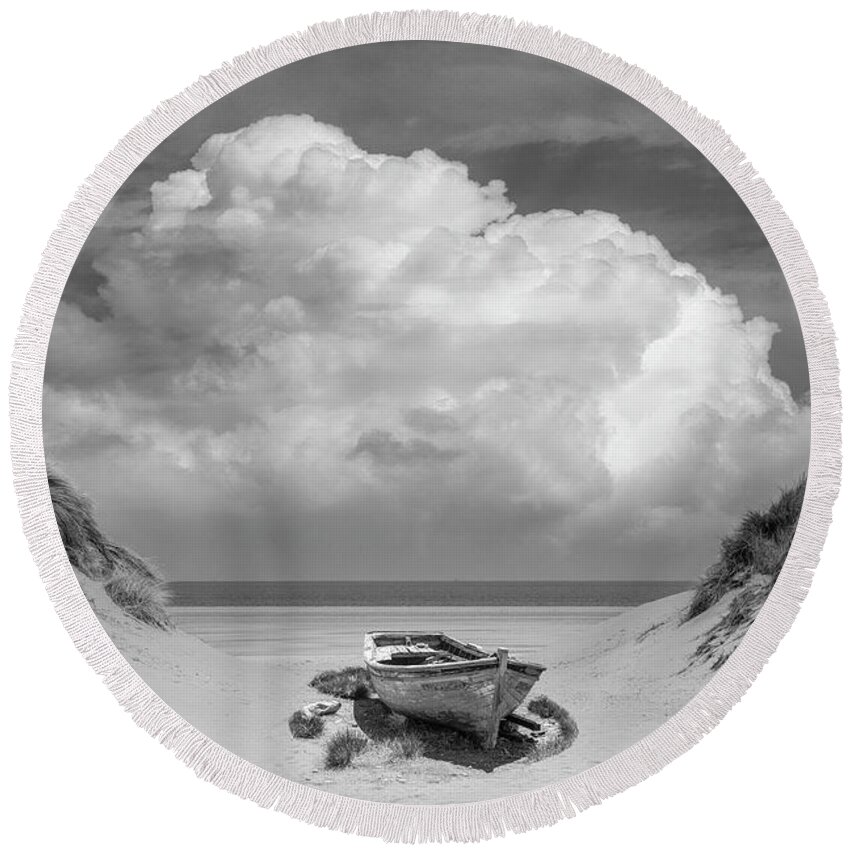 Boats Round Beach Towel featuring the photograph Sun Beached in Black and White by Debra and Dave Vanderlaan