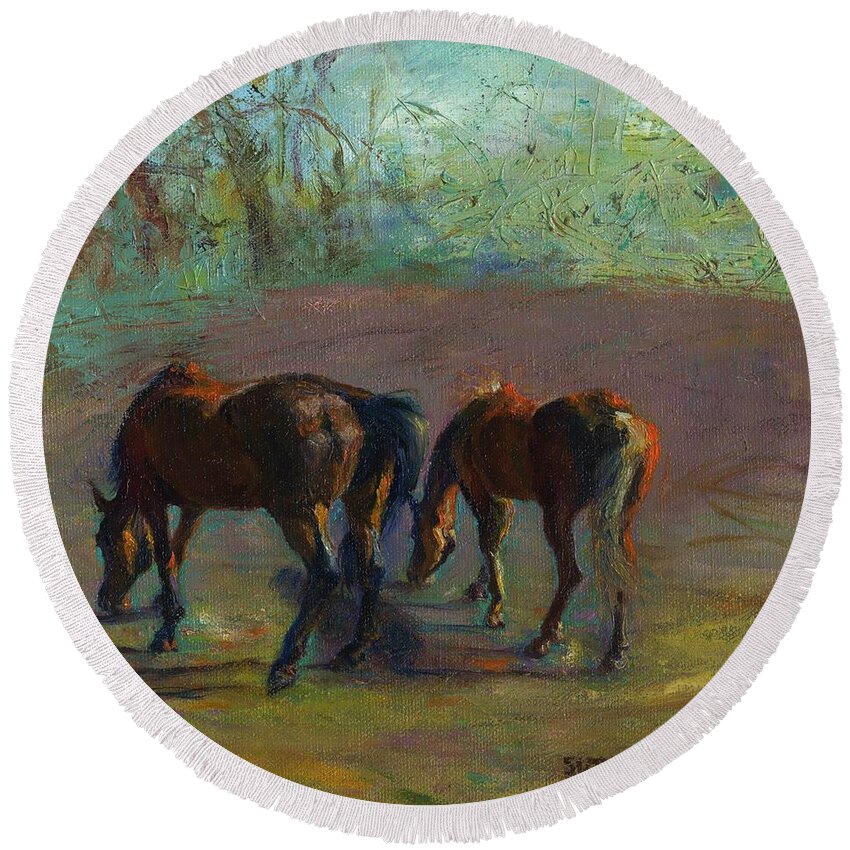 Horses Round Beach Towel featuring the painting Sun Dappled Bottoms by Susan Hensel