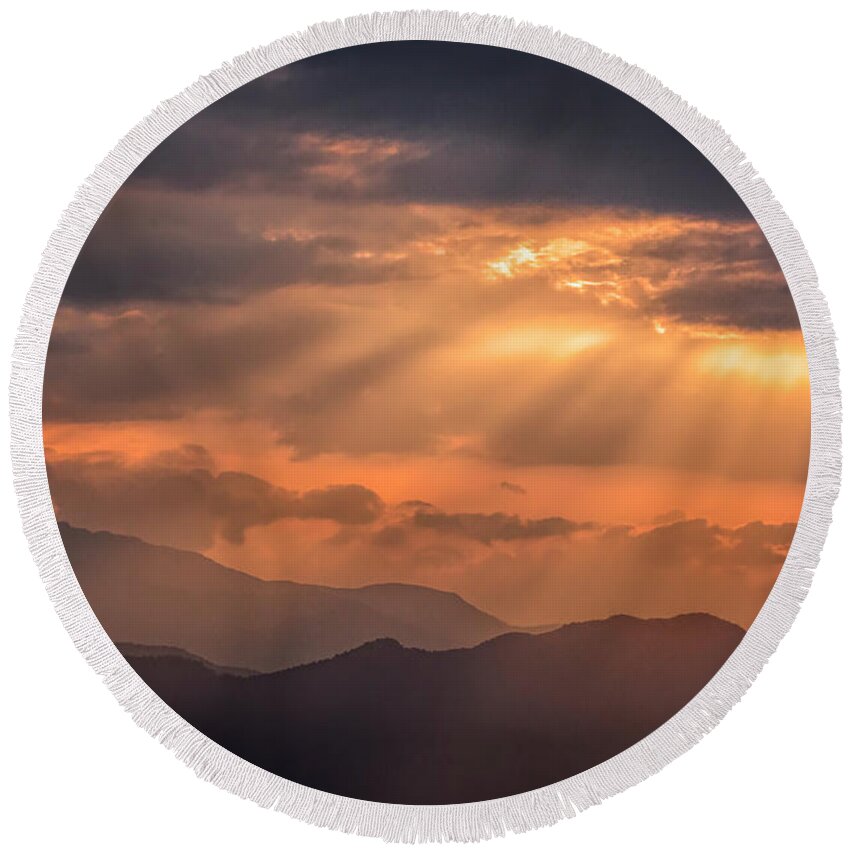 Nepal Round Beach Towel featuring the photograph Sun Rays over the Mountains by Lindley Johnson