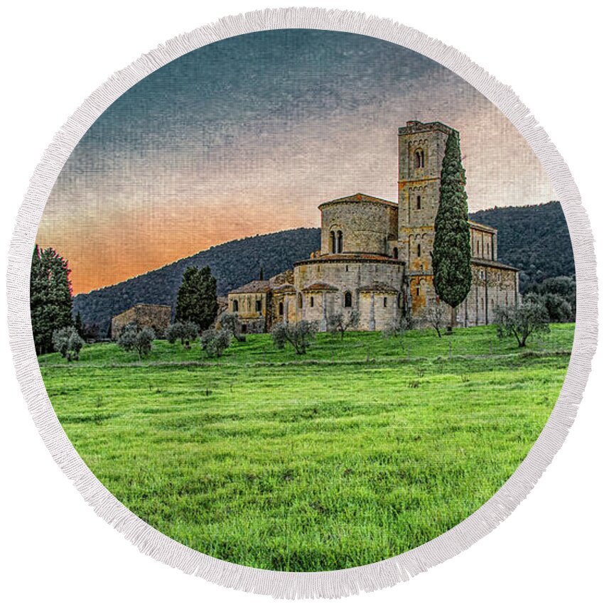 Abbey Round Beach Towel featuring the photograph Abbey of Sant' Antimo Sunset, Textured by Marcy Wielfaert