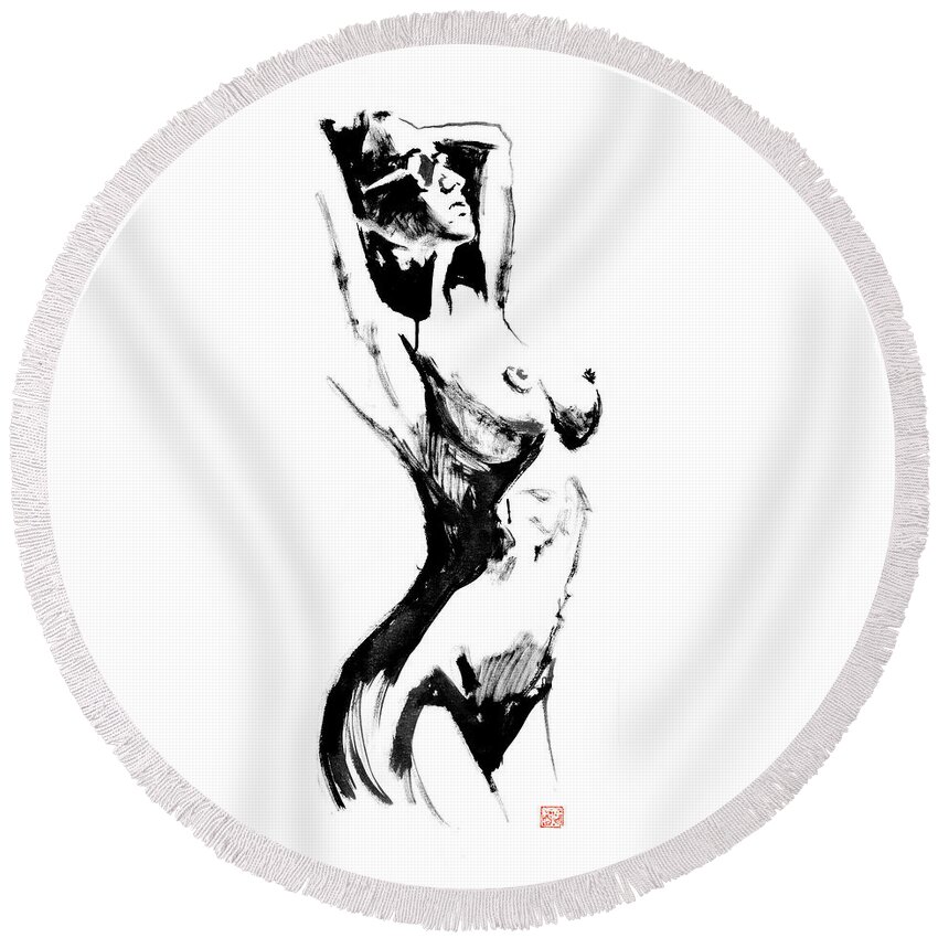 Nude Round Beach Towel featuring the painting Sunbathing by Pechane Sumie