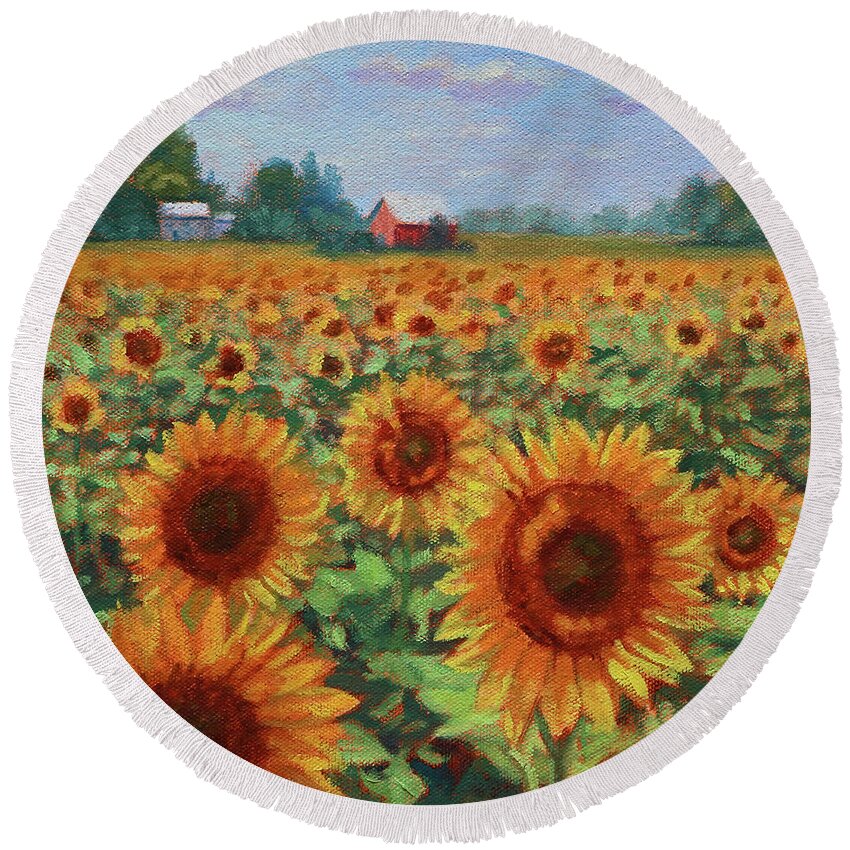 Sunflowers Round Beach Towel featuring the painting Sunflower Farm by Bonnie Mason