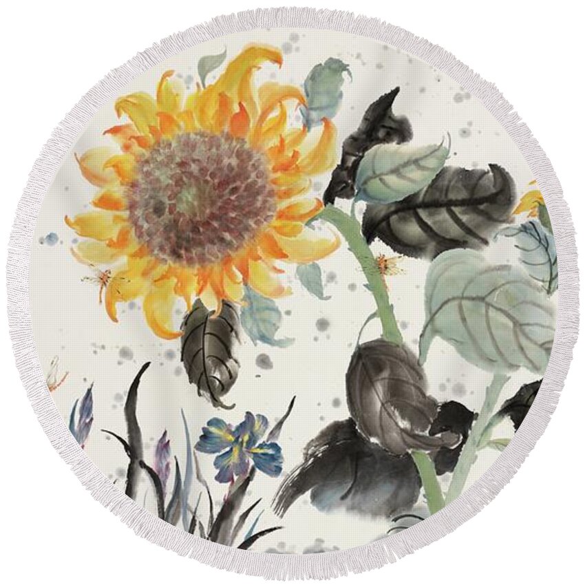 Chinese Watercolor Round Beach Towel featuring the painting Sunflower and Dragonfly by Jenny Sanders
