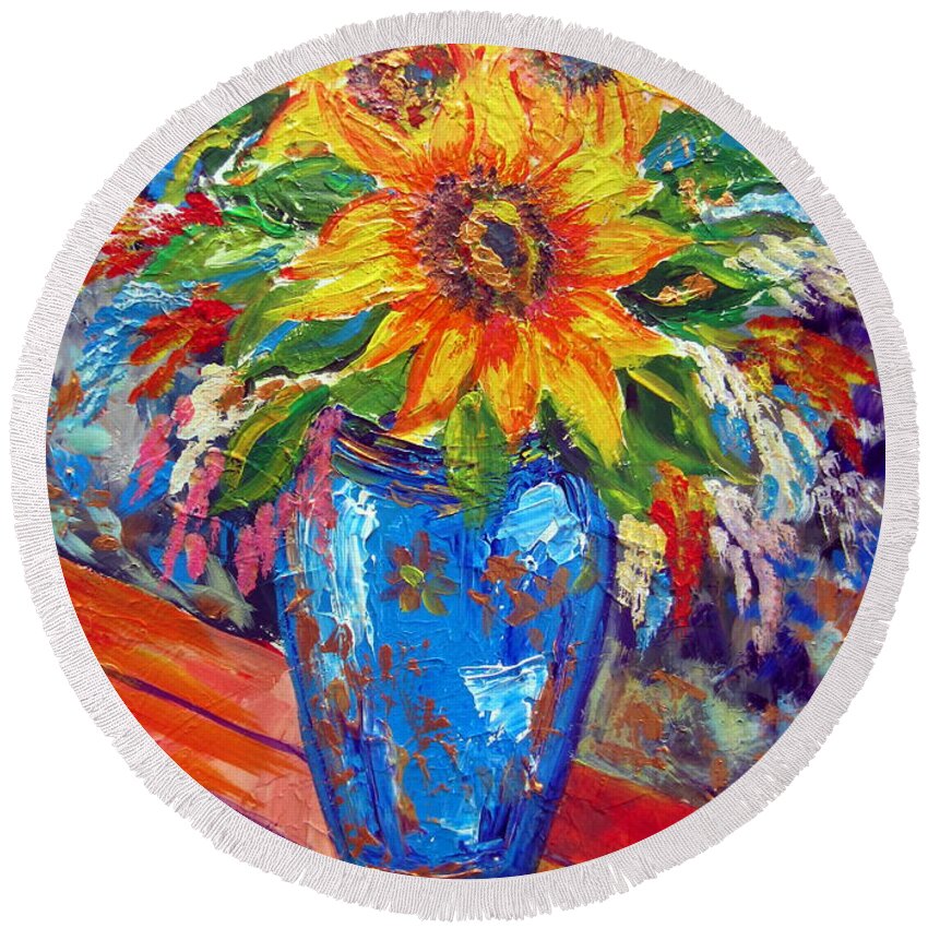 Flowers Round Beach Towel featuring the painting Sunflowers in Blue Vase by Roberto Gagliardi