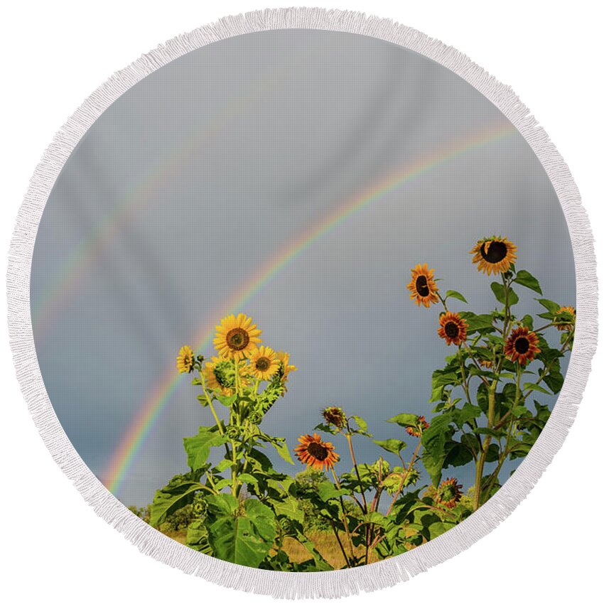 Cheryl Baxter Photography Round Beach Towel featuring the photograph Sunflowers Under the Rainbow by Cheryl Baxter