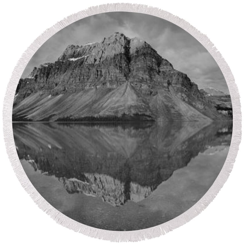 Bow Lake Round Beach Towel featuring the photograph Sunrise Across The Bow Lake Peaks Black And White by Adam Jewell