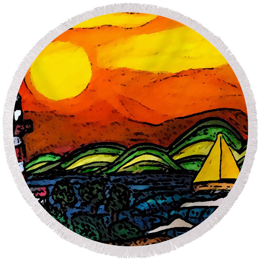 Sunset Round Beach Towel featuring the painting Sunrise By The Sea by Monica Engeler