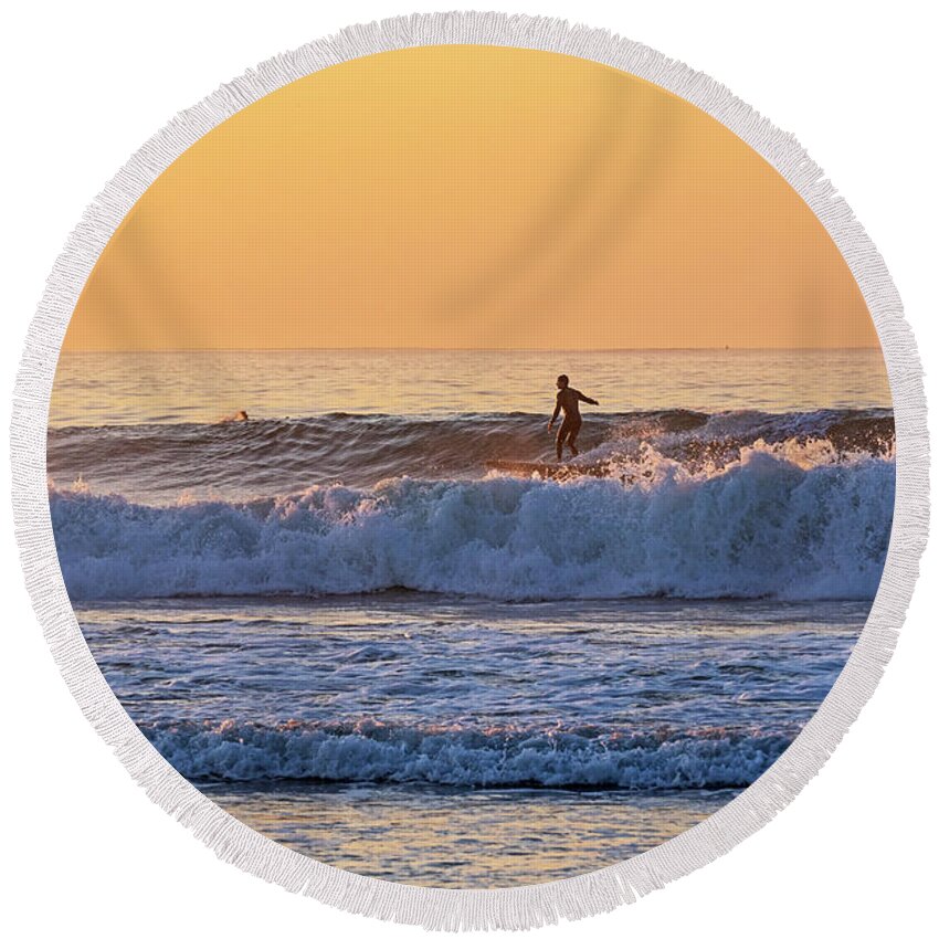 Kennebunk Round Beach Towel featuring the photograph Sunrise Surfer Gooch's Beach Kennebunk Maine New England Golden Sky by Toby McGuire