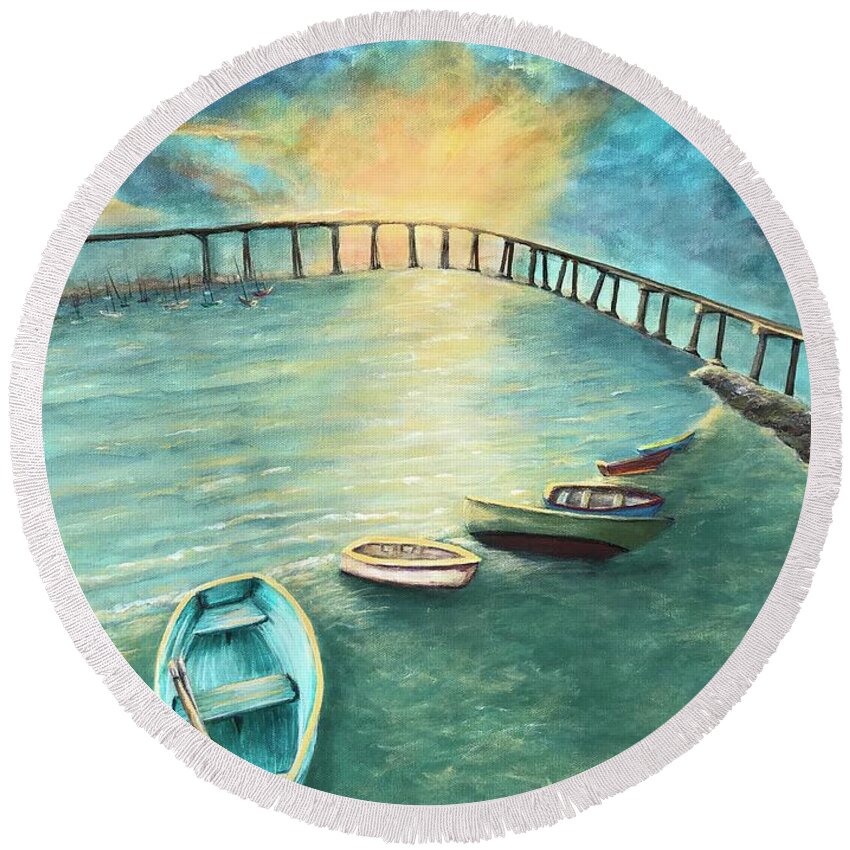 Acrylic Painting Round Beach Towel featuring the painting Sunrise Tide at Coronado by Deborah Naves