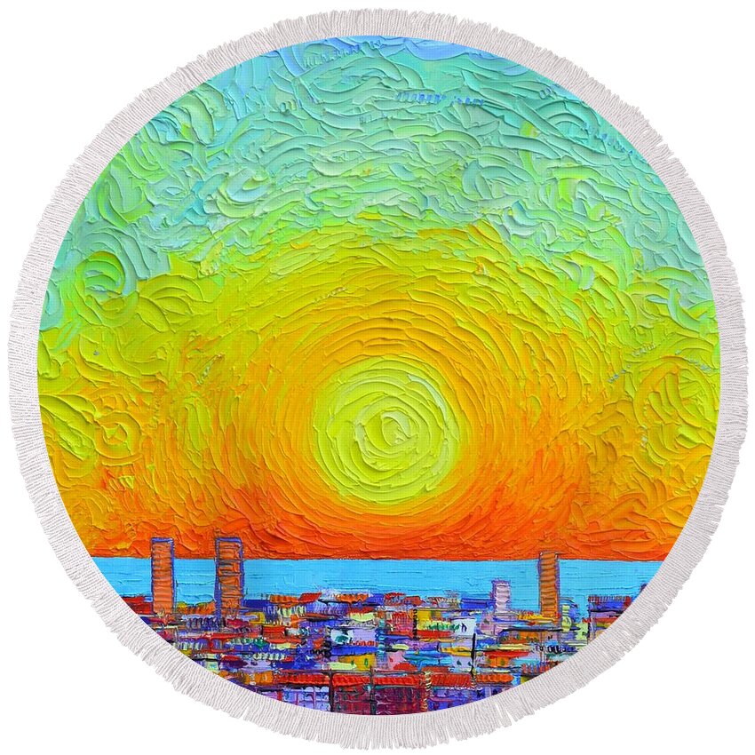 Barcelona Round Beach Towel featuring the painting SUNSCAPE WITH BARCELONA ABSTRACT CITY PATTERNS textural impasto knife cityscape Ana Maria Edulescu by Ana Maria Edulescu