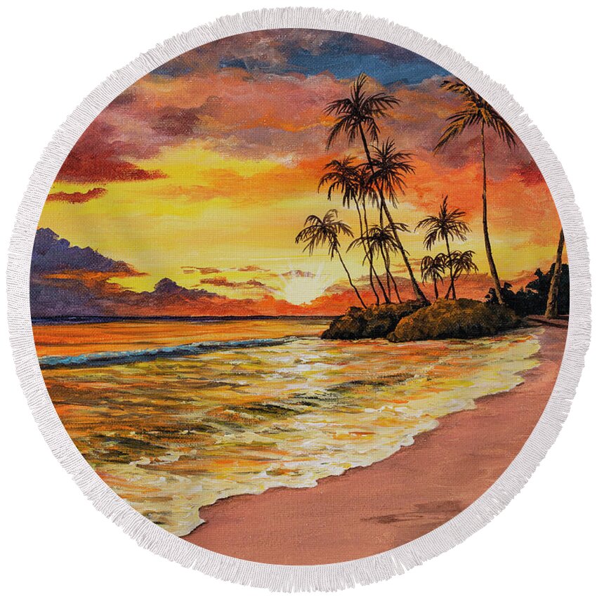Sunset Round Beach Towel featuring the painting Sunset And Palms by Darice Machel McGuire