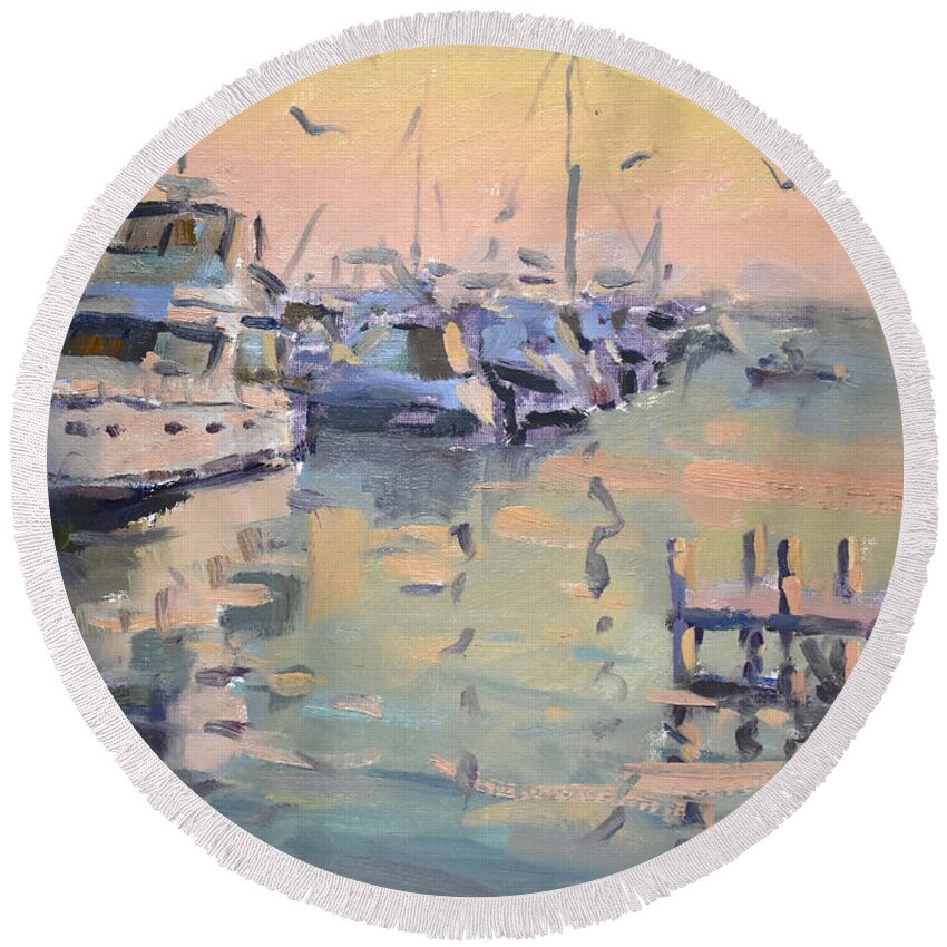 Boats Round Beach Towel featuring the painting Sunset at Buffalo Harbor by Ylli Haruni
