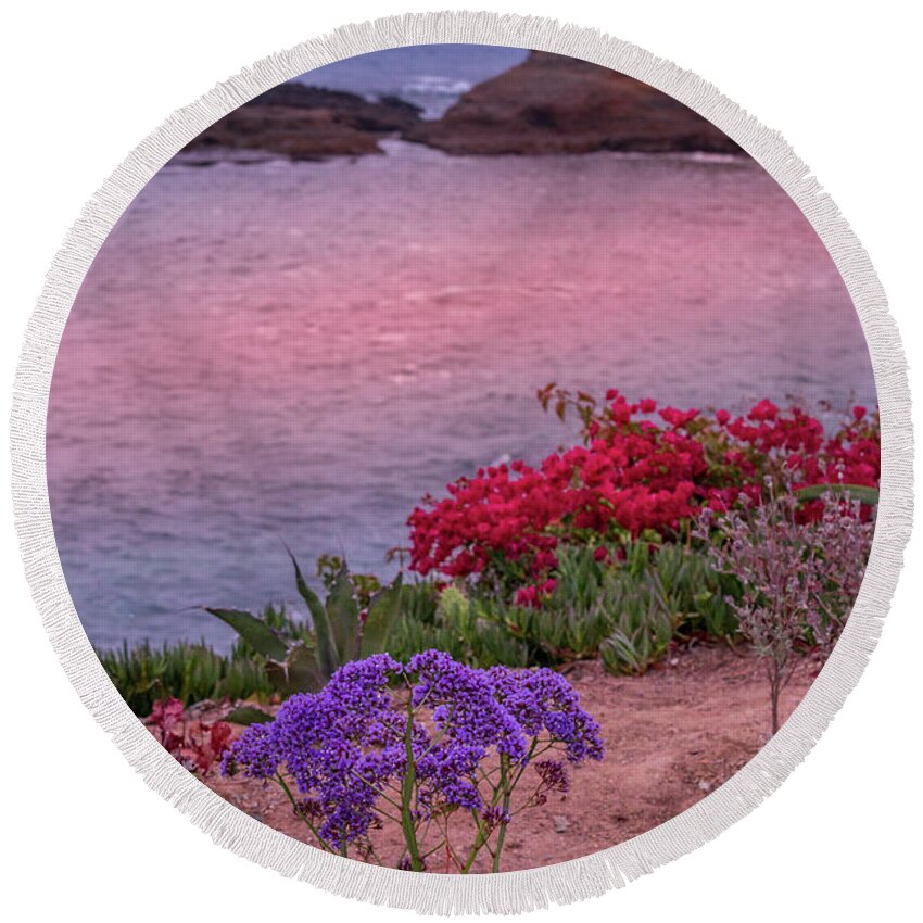 Ocean Round Beach Towel featuring the photograph Sunset Beach Flowers by Aaron Burrows