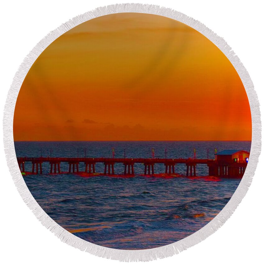 Red Pier Round Beach Towel featuring the photograph Sunset Behind Red Pier by Debra Grace Addison