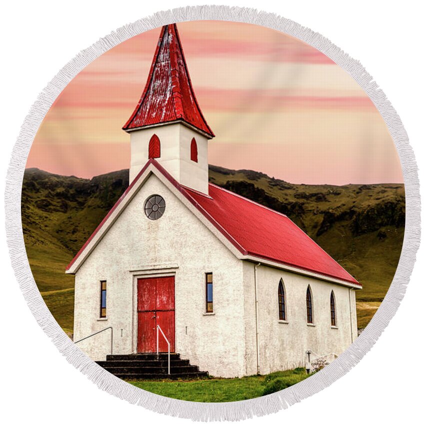 Church Round Beach Towel featuring the photograph Sunset Chapel of Iceland by David Letts