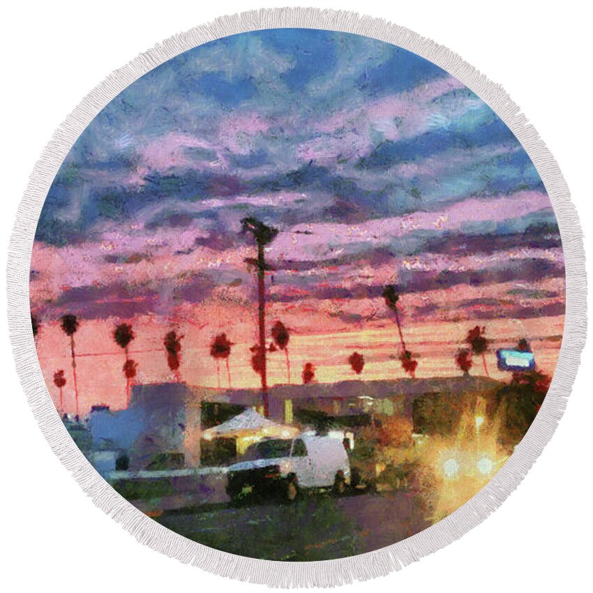 Sunset Round Beach Towel featuring the digital art Sunset in Santa Monica by Bernie Sirelson